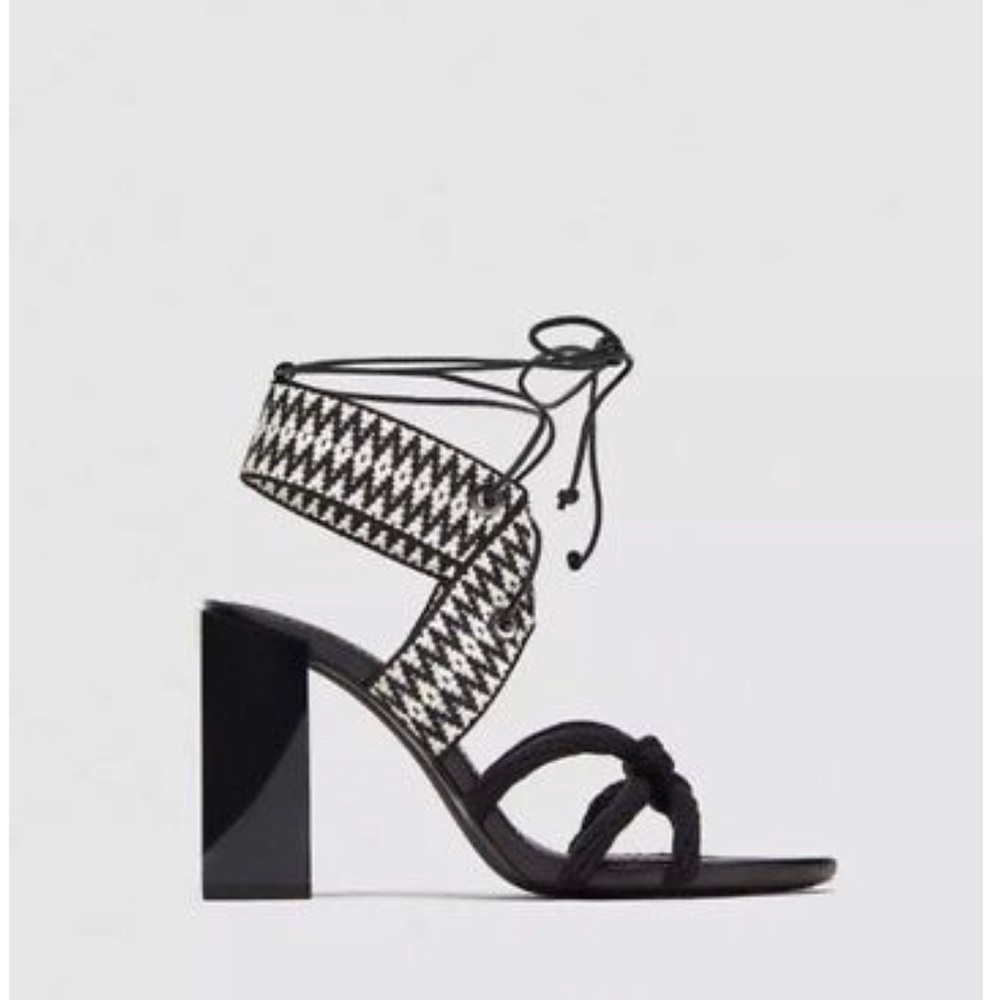 Zara black and white lace up block heel size 37